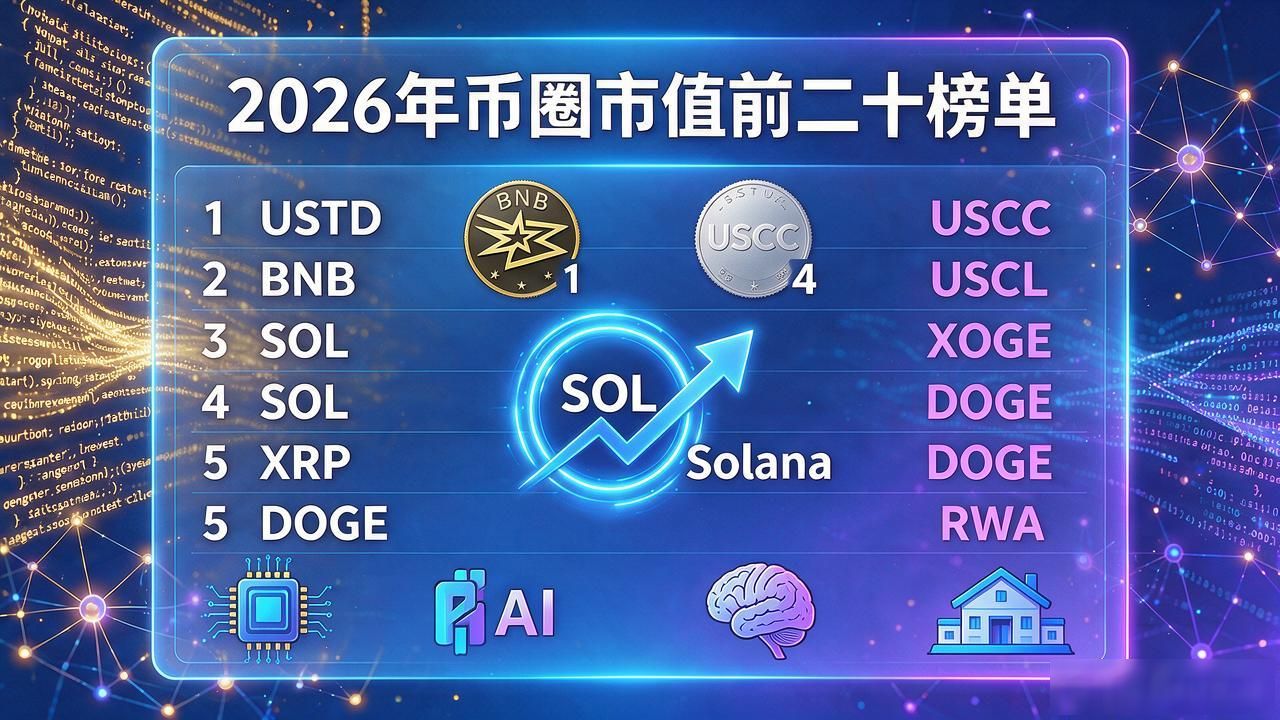 市值前二十数字货币：2026年币圈顶流名单，稳定币挤进了前三